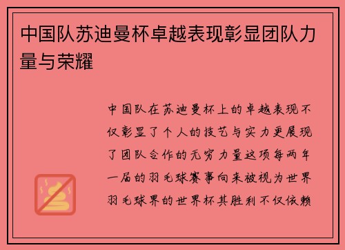中国队苏迪曼杯卓越表现彰显团队力量与荣耀