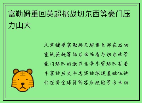 富勒姆重回英超挑战切尔西等豪门压力山大